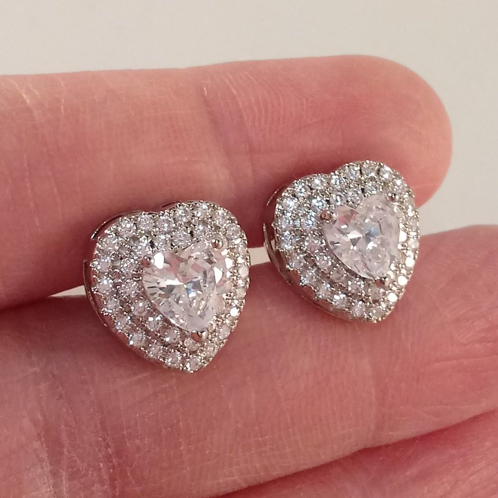 925 Sterling Silver Luxury Romantic Heart Diamond Zircon Stud Earrings 1.13ctw